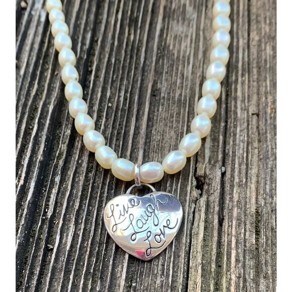 LIve Laugh Love Sterling Silver Heart and Freshwater Pearl Necklace - Picture 1 of 8